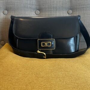 Vintage Celine Triomphe Flap Box Bag in Midnight gold hardware